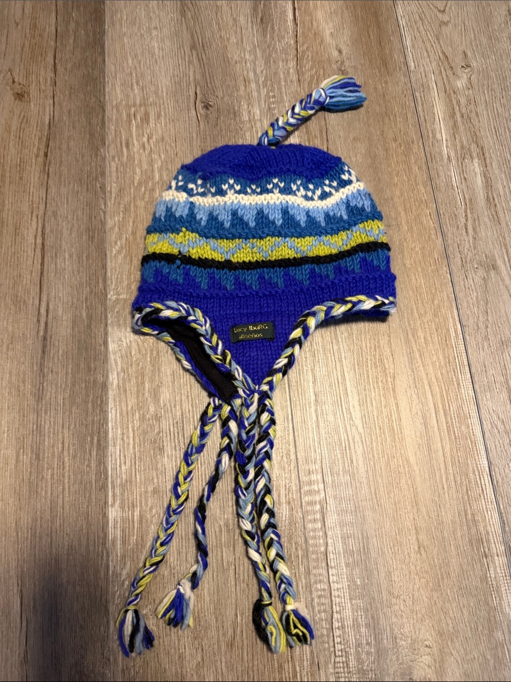 Lucy Liburg Diseños hand-knitted blue patterned wool earflap beanie